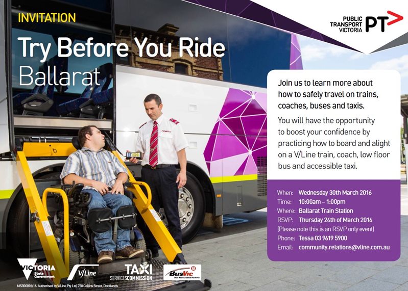 Invitation to V/Line try before you ride day, showing a wheelchair user talking to a coach driver. To register call Tessa on 03 9619 5900