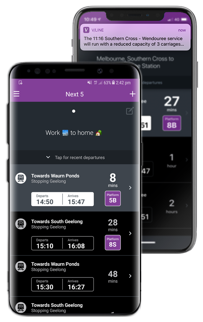 V/Line mobile application shown on a Samsung and Apple phone